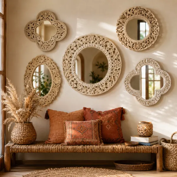 Floral Lattice Carved Boho Mirror Cluster Styled to Glow the Floral Lattice Carved Boho Mirror Cluster