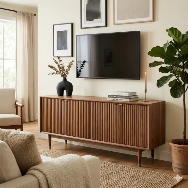 Fluted Door Mid Century Media Console Styled to Glow the Fluted Door Mid Century Media Console