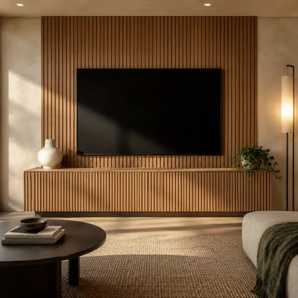 the Fluted Wood Media Wall TV Stand