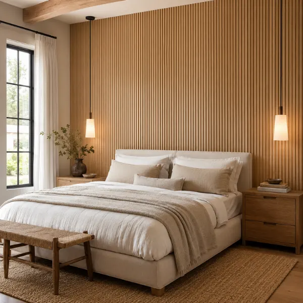 Fluted Wood Paneling Feature Wall in the Primary Bedroom Styled to Glow the Fluted Wood Paneling Feature Wall in the Primary Bedroom
