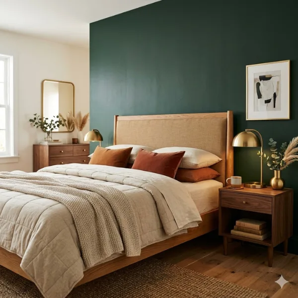 Forest Green Accent Wall with Brass Wood Tones Styled to Glow the Forest Green Accent Wall with Brass Wood Tones
