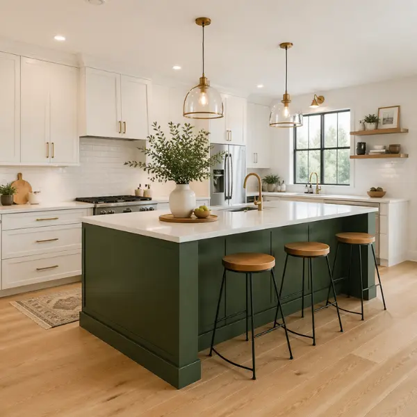 the Forest Green Island White Cabinets