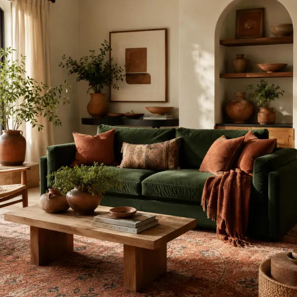 Forest Green Sofa with Earthy Terracotta Accents Styled to Glow Forest Green Sofa with Earthy Terracotta Accents