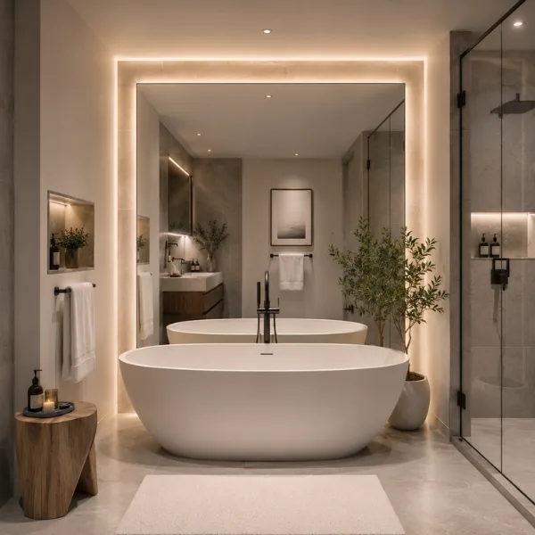 the Freestanding Tub With Backlit Mirror Wall