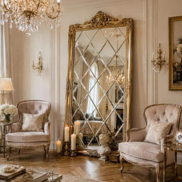 French Salon Diamond Grid Leaning Mirror Styled to Glow the French Salon Diamond Grid Leaning Mirror