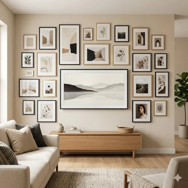 the Gallery Style TV Wall Surrounded by Framed Art and Photographs