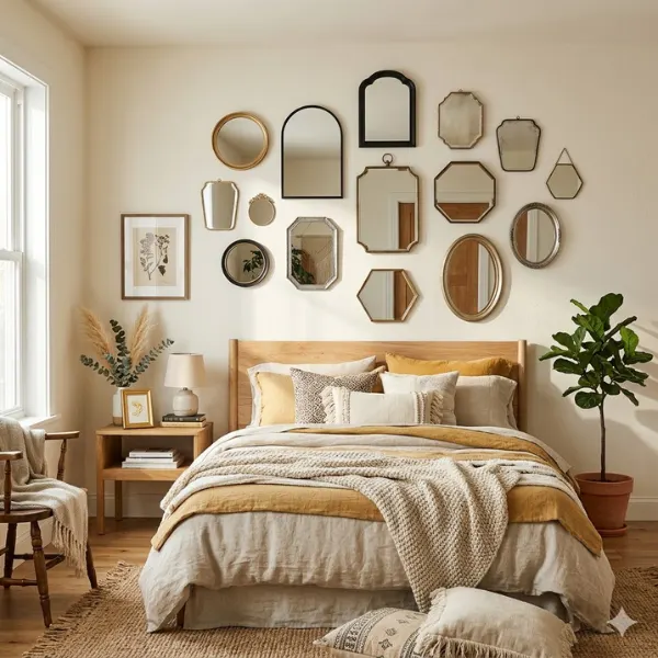 Gallery Wall of Mixed Shape Small Mirrors Styled to Glow the Gallery Wall of Mixed Shape Small Mirrors