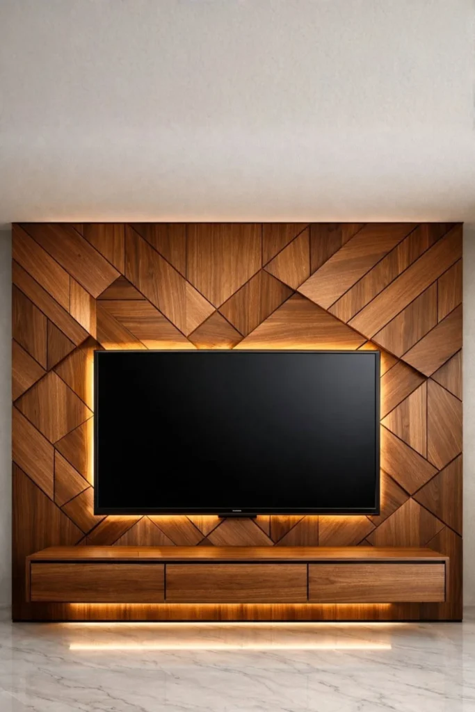 Geometric 3D Wood Panel Wall with Moody Ambient Lighting Styled to Glow the Geometric 3D Wood Panel Wall with Moody Ambient Lighting