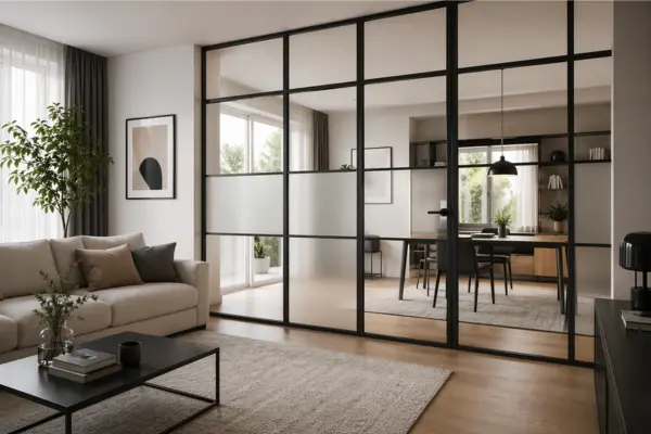 Glass Partition with Black Frames Styled to Glow the Glass Partition with Black Frames