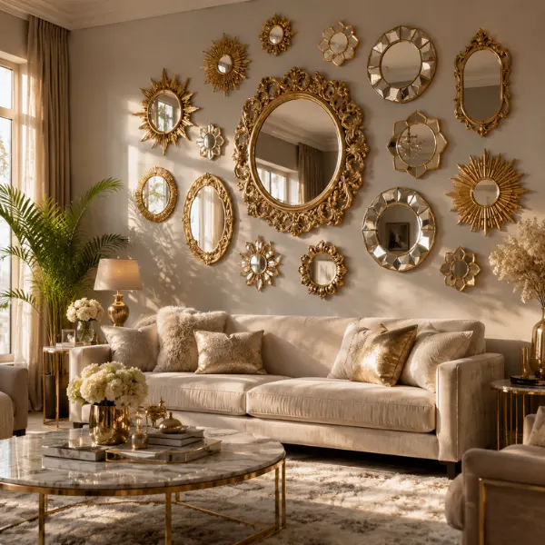 Gold Gallery Wall of Mixed Sunburst Mirrors Styled to Glow the Gold Gallery Wall of Mixed Sunburst Mirrors