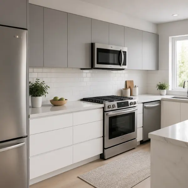 the Grey Uppers White Base Cabinets