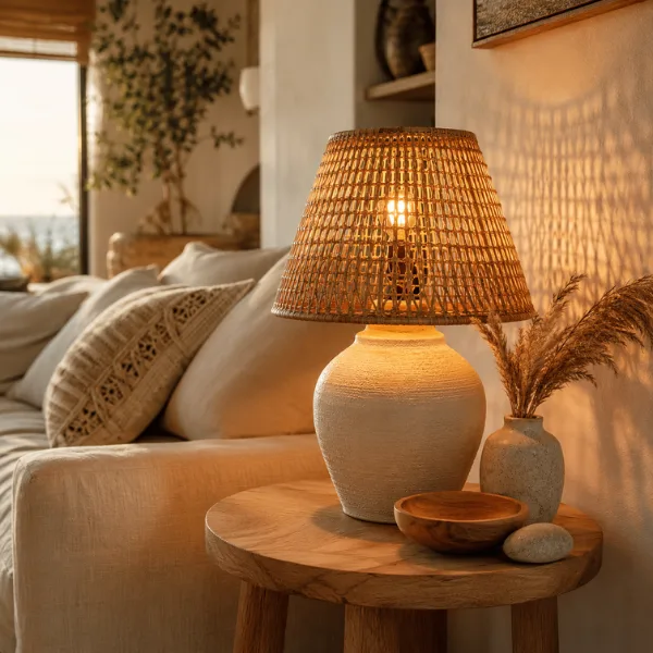 the Handcrafted Rattan Shade Ceramic Base Table Lamp