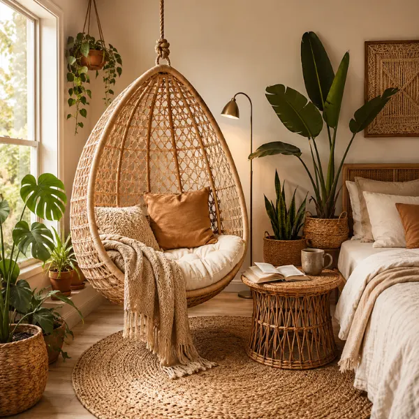 the Hanging Rattan Chair Reading Nook