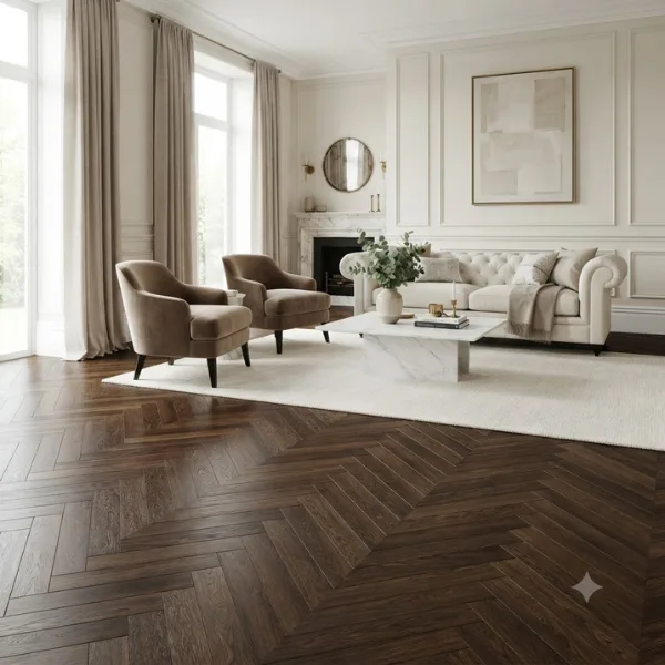 Herringbone Dark Floor Pattern with Classic Neutral Furniture Styled to Glow the Herringbone Dark Floor Pattern with Classic Neutral Furniture