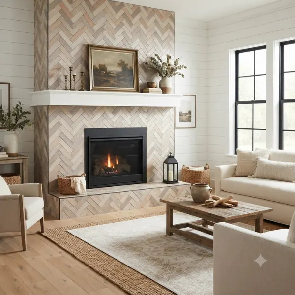 Herringbone Tile Fireplace Surround Styled to Glow the Herringbone Tile Fireplace Surround