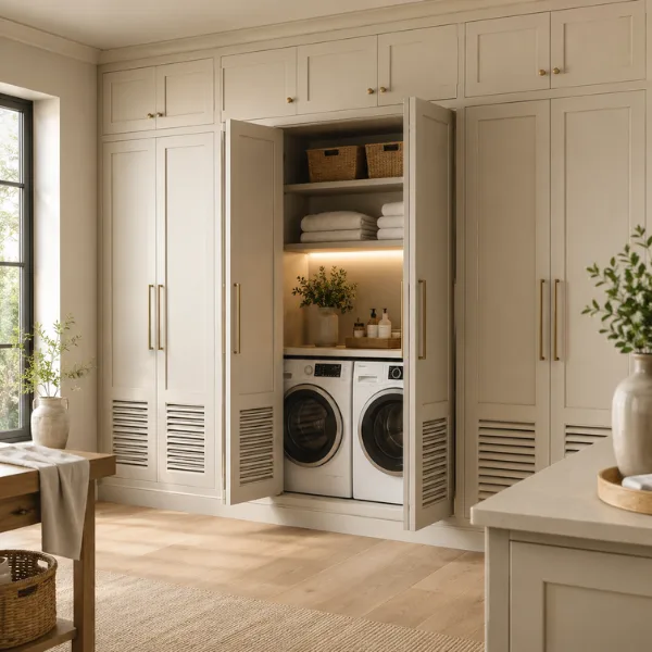 Hidden Washer and Dryer Behind Paneled Cabinet Doors Styled to Glow the Hidden Washer and Dryer Behind Paneled Cabinet Doors