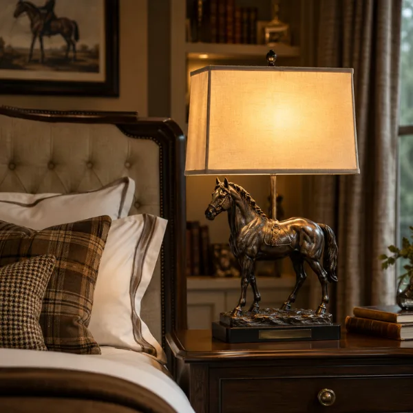 Horse Sculpture Base with Rectangular Shade Lamp Styled to Glow the Horse Sculpture Base with Rectangular Shade Lamp