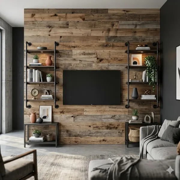the Industrial Chic Reclaimed Wood Panels with Black Metal Open Shelving