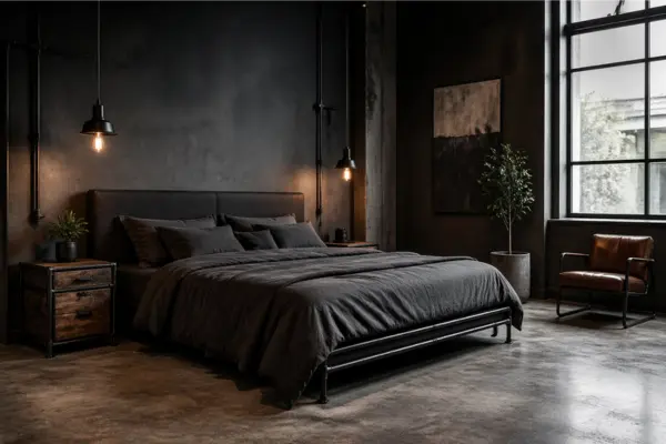the Industrial Dark Bedroom with Metal Details