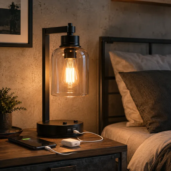 the Industrial Glass Shade Lamp with USB Ports
