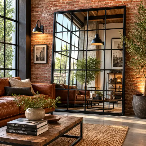 Industrial Multi Panel Grid Mirror in Black Frame Styled to Glow the Industrial Multi Panel Grid Mirror in Black Frame