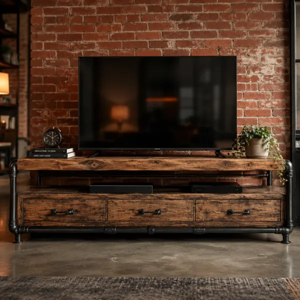 the Industrial Pipe and Reclaimed Wood TV Console