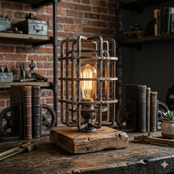 Industrial Reclaimed Steel Open Cage Lamp Styled to Glow the Industrial Reclaimed Steel Open Cage Lamp