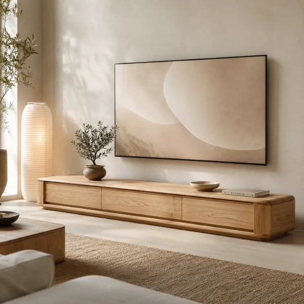 the Japandi Minimalist TV Stand Oak Bamboo