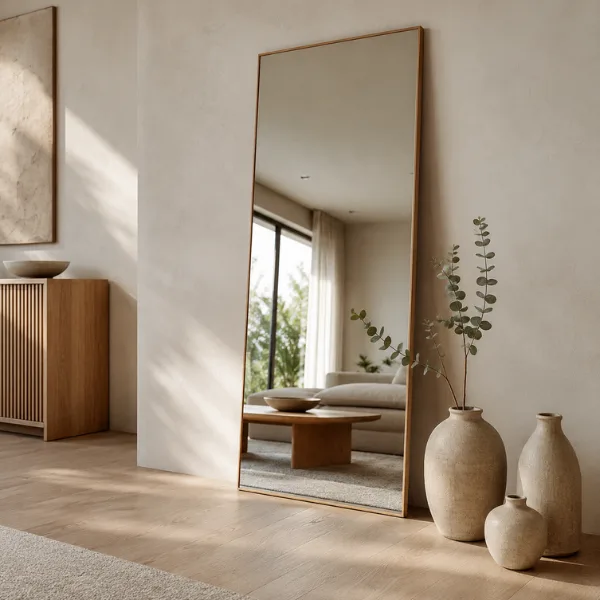 Japandi Slim Profile Floor Mirror with Ceramic Vases Styled to Glow the Japandi Slim Profile Floor Mirror with Ceramic Vases