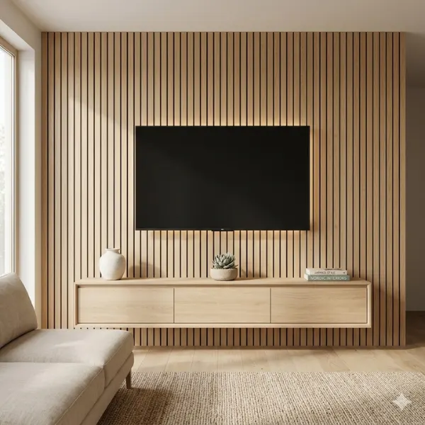 the Japandi Style Light Oak Slats with Low Profile TV Unit