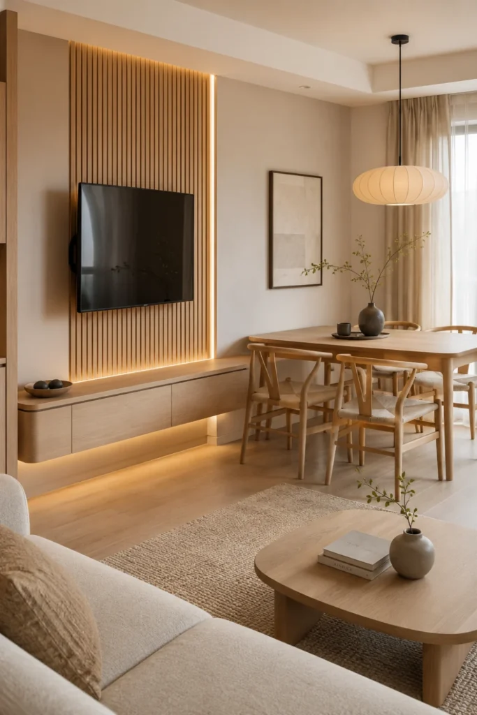 Japandi TV Wall with Dining Table Integration for Small Apartments Styled to Glow the Japandi TV Wall with Dining Table Integration for Small Apartments