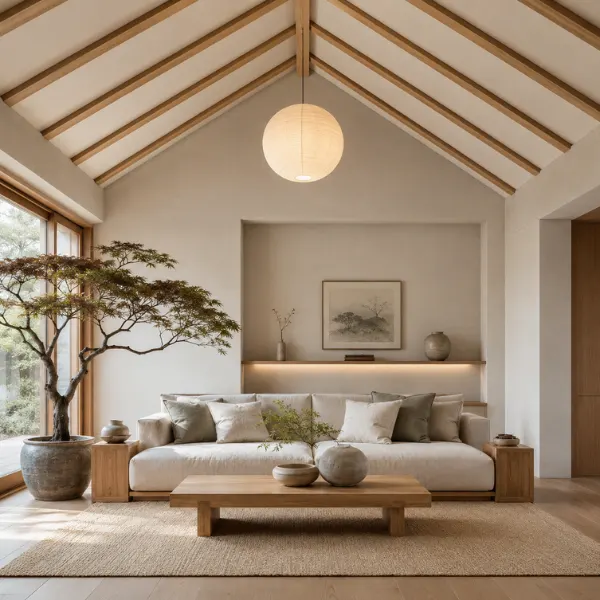Japandi Vaulted Ceiling Living Room with Light Oak Accents Styled to Glow the Japandi Vaulted Ceiling Living Room with Light Oak Accents