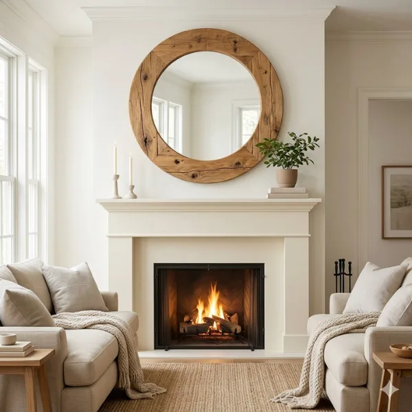 the Large Reclaimed Wood Framed Round Mirror Above a Fireplace