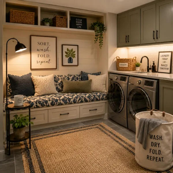 Laundry Nook with Built In Couch and Relaxation Corner Styled to Glow the Laundry Nook with Built In Couch and Relaxation Corner