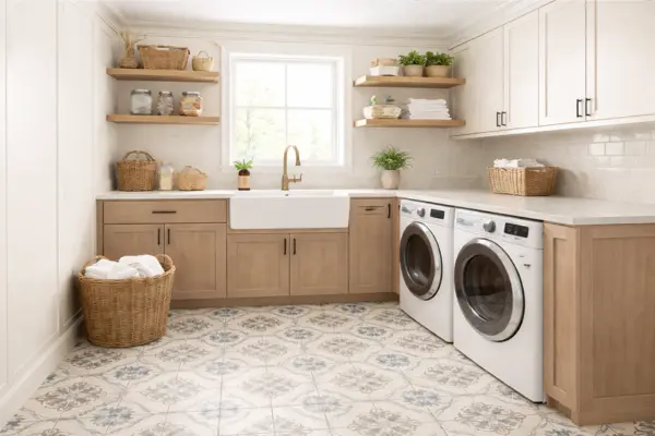 Laundry Room with Statement Tile or Brick Floor Styled to Glow the Laundry Room with Statement Tile or Brick Floor
