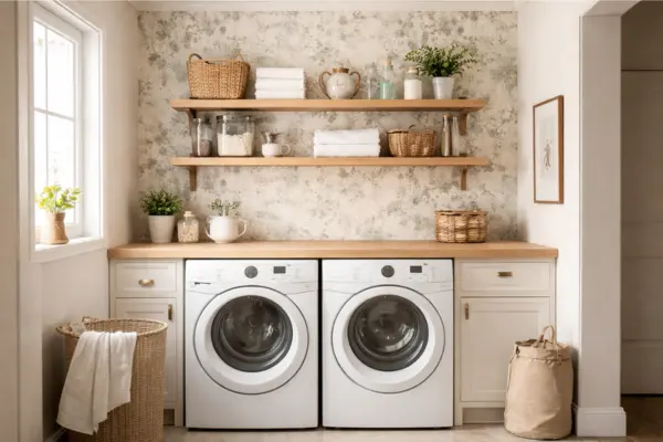 Laundry Room with Wallpaper Accent Styled to Glow the Laundry Room with Wallpaper Accent