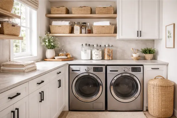 Laundry Room with Woven Baskets and Glass Jars Styled to Glow the Laundry Room with Woven Baskets and Glass Jars