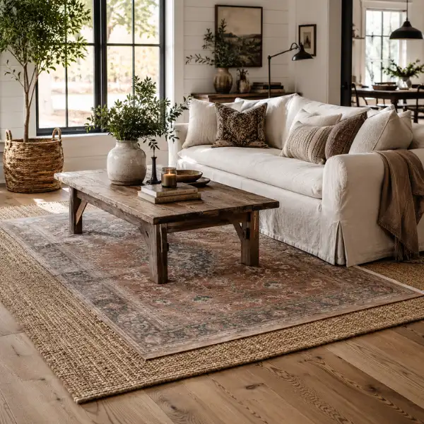 Layered Vintage Rugs over Wide Plank Hardwood Floors Styled to Glow the Layered Vintage Rugs over Wide Plank Hardwood Floors