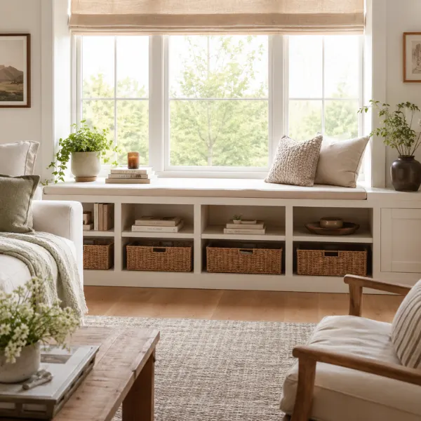 Low Built In Shelves Under a Window Styled to Glow the Low Built In Shelves Under a Window
