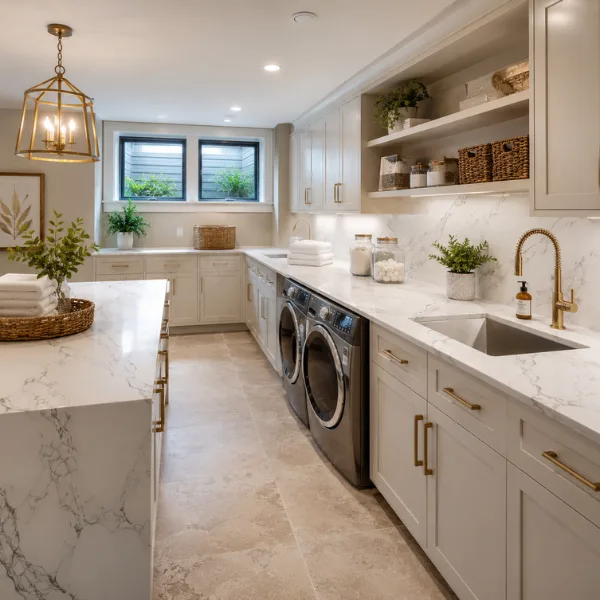 Luxury Laundry Room with Quartz Countertops and Natural Stone Styled to Glow the Luxury Laundry Room with Quartz Countertops and Natural Stone