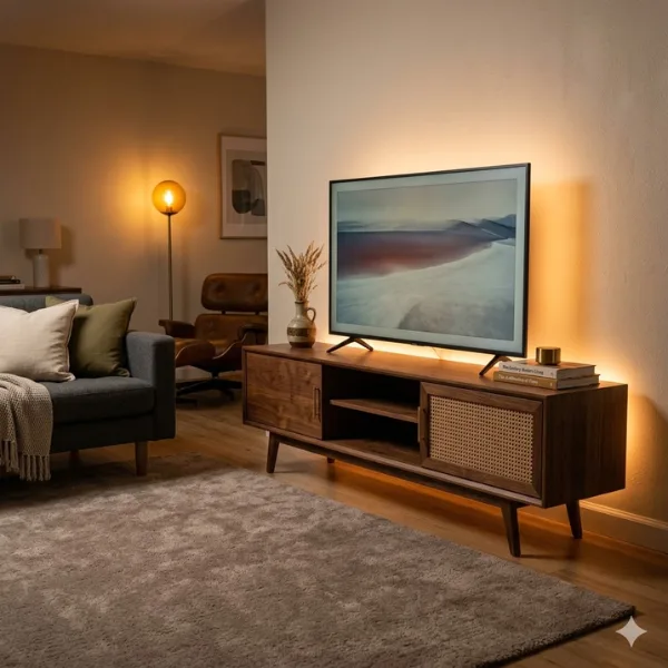 MCM TV Stand with Integrated LED Ambient Lighting Styled to Glow the MCM TV Stand with Integrated LED Ambient Lighting