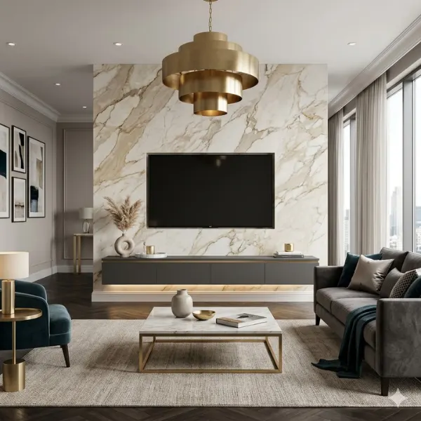 the Marble Feature Wall with Floating Gold Trimmed Console