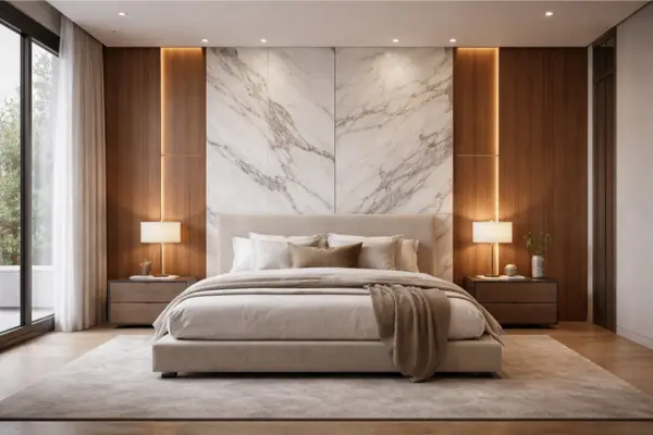 Marble and Wood Feature Bedroom Styled to Glow the Marble and Wood Feature Bedroom