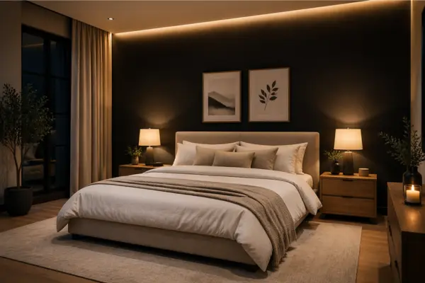 the Matte Black Feature Wall with Soft Lighting
