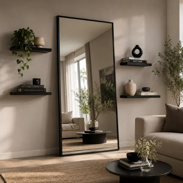 Matte Black Rectangle Floor Mirror with Flanking Shelves Styled to Glow the Matte Black Rectangle Floor Mirror with Flanking Shelves