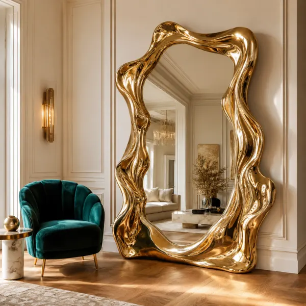 Maximalist Sculptural Gold Molten Frame Floor Mirror Styled to Glow the Maximalist Sculptural Gold Molten Frame Floor Mirror