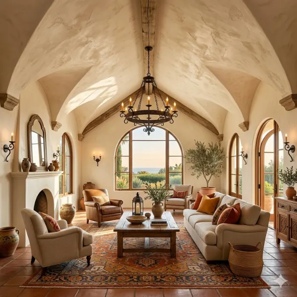 Mediterranean Plaster Vaulted Ceiling Living Room Styled to Glow the Mediterranean Plaster Vaulted Ceiling Living Room