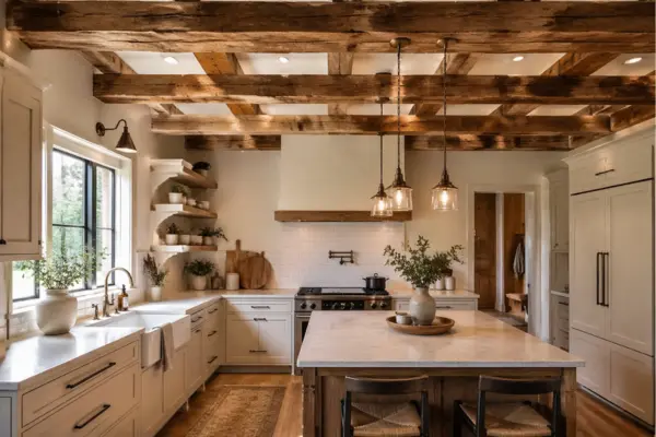 Medium Kitchen With Reclaimed Wood Ceiling Beams Styled to Glow the Medium Kitchen With Reclaimed Wood Ceiling Beams