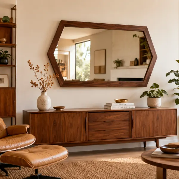 Mid Century Geometric Wood Framed Mirror Styled to Glow the Mid Century Geometric Wood Framed Mirror