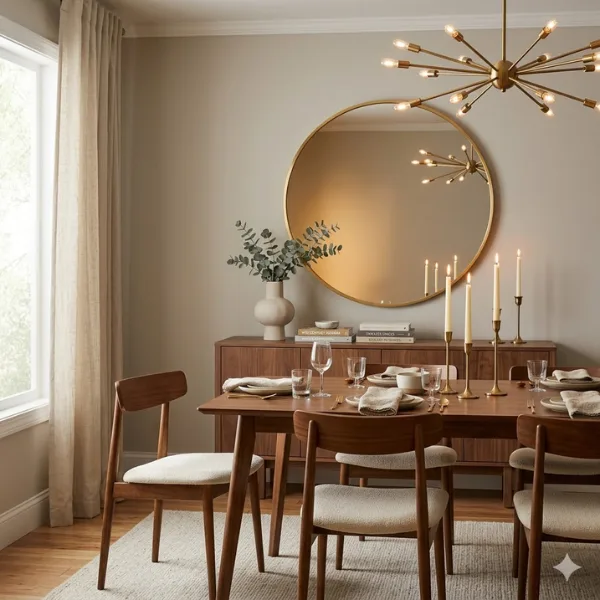 the Mid Century Modern Large Gold Round Mirror in a Dining Room